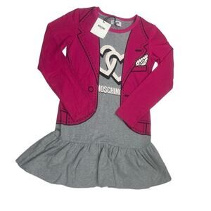 Moschino Girls Pink Grey Dress 10A Long Sleeve Ruffled Trompe-L'oeil Italy